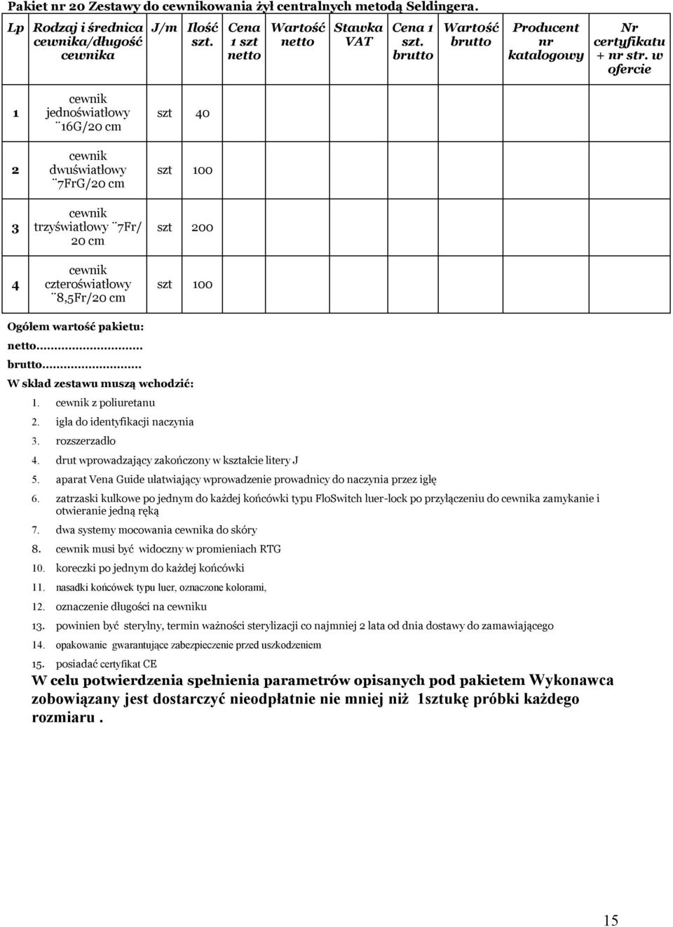 ..... W skład zestawu muszą wchodzić: 1. cewnik z poliuretanu 2. igła do identyfikacji naczynia 3. rozszerzadło 4. drut wprowadzający zakończony w kształcie litery J 5.