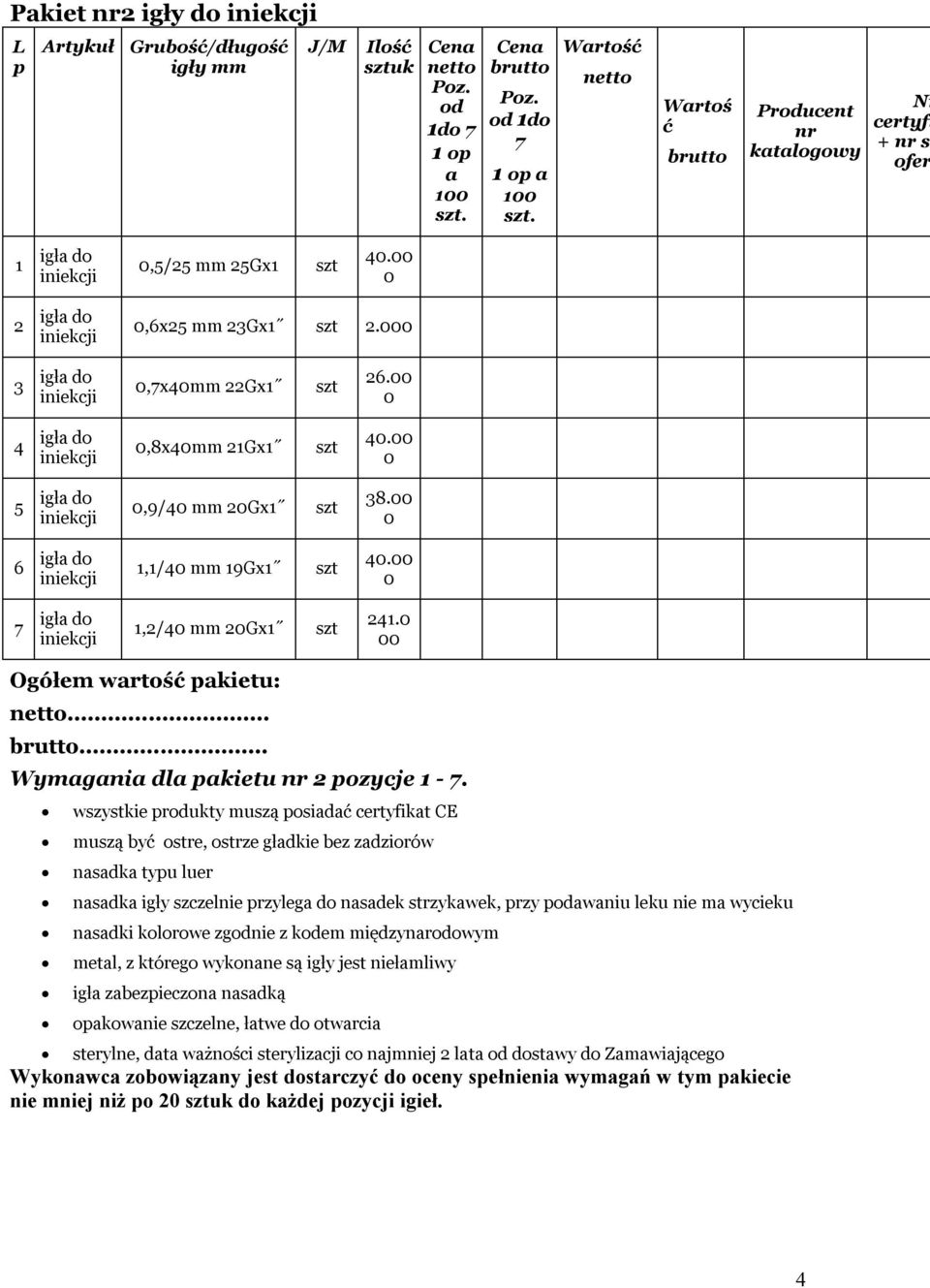 00 0 4 igła do iniekcji 0,8x40mm 21Gx1 szt 40.00 0 5 igła do iniekcji 0,9/40 mm 20Gx1 szt 38.00 0 6 igła do iniekcji 1,1/40 mm 19Gx1 szt 40.00 0 7 igła do iniekcji 1,2/40 mm 20Gx1 szt 241.