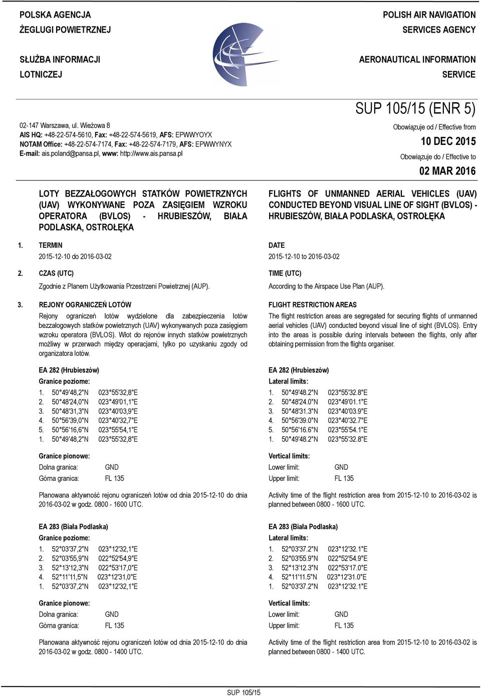 Wieżowa 8 AIS HQ: +48-22-574-5610, Fax: +48-22-574-5619, AFS: EPWWYOYX NOTAM Office: +48-22-574-7174, Fax: +48-22-574-7179, AFS: EPWWYNYX E-mail: ais.poland@pansa.