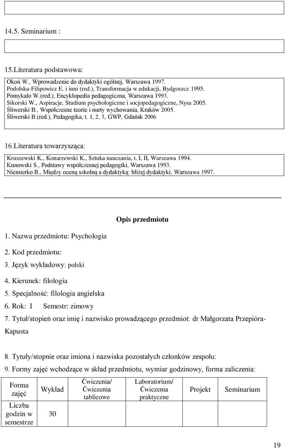 1, 2, 3, GWP, Gdańsk 2006 16.Literatura towarzysząca: Kruszewski K., Konarzewski K., Sztuka nauczania, t. I, II, Warszawa 1994. Kunowski S., Podstawy współczesnej pedagogiki, Warszawa 1993.