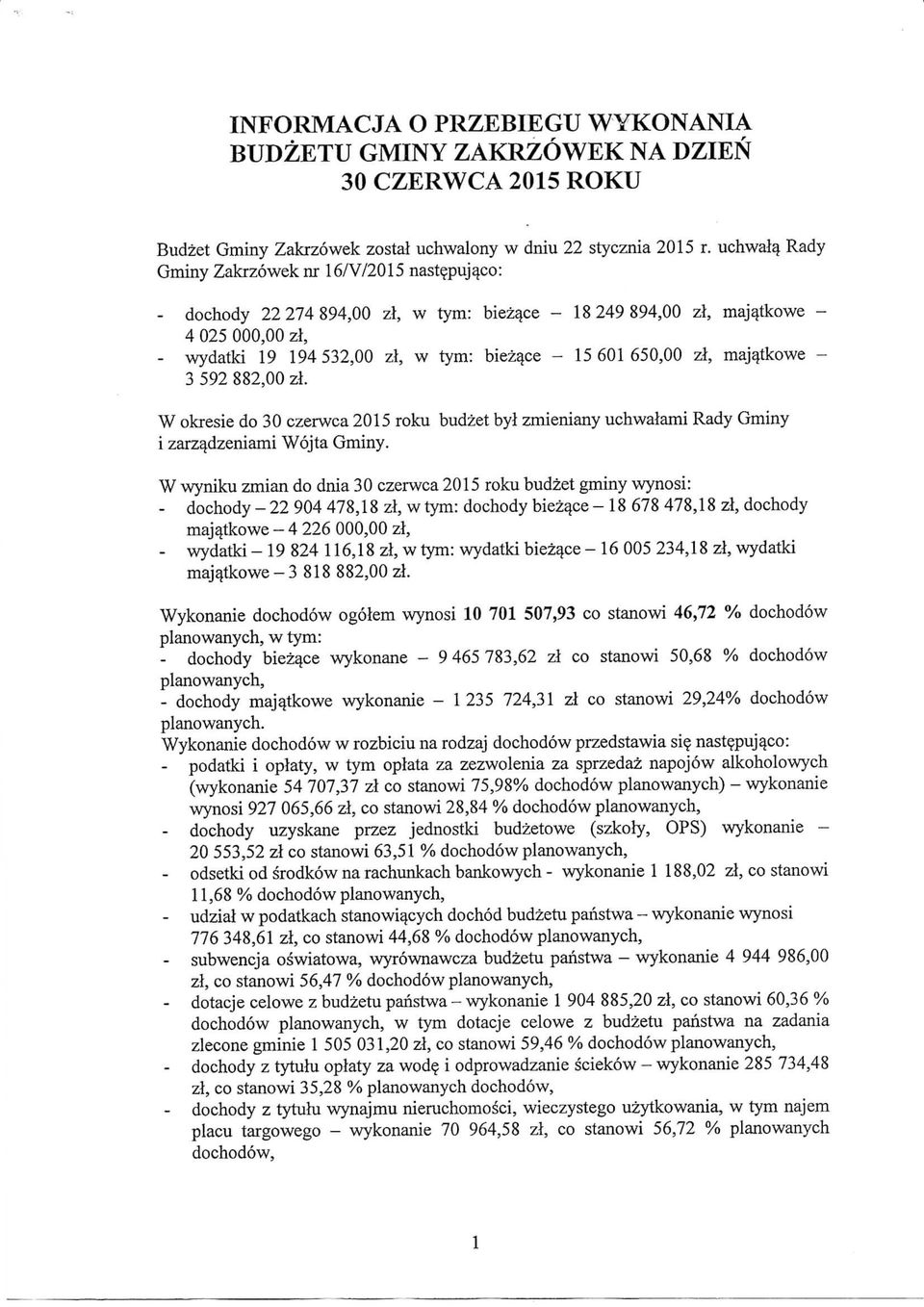 majaticowe - 3 592 882,00 zl. W okresie do 30 czerwca 2015 roku budzet byl zmieniany uchwalami Rady Gniiny i zarza.dzeniami Wojta Gminy.