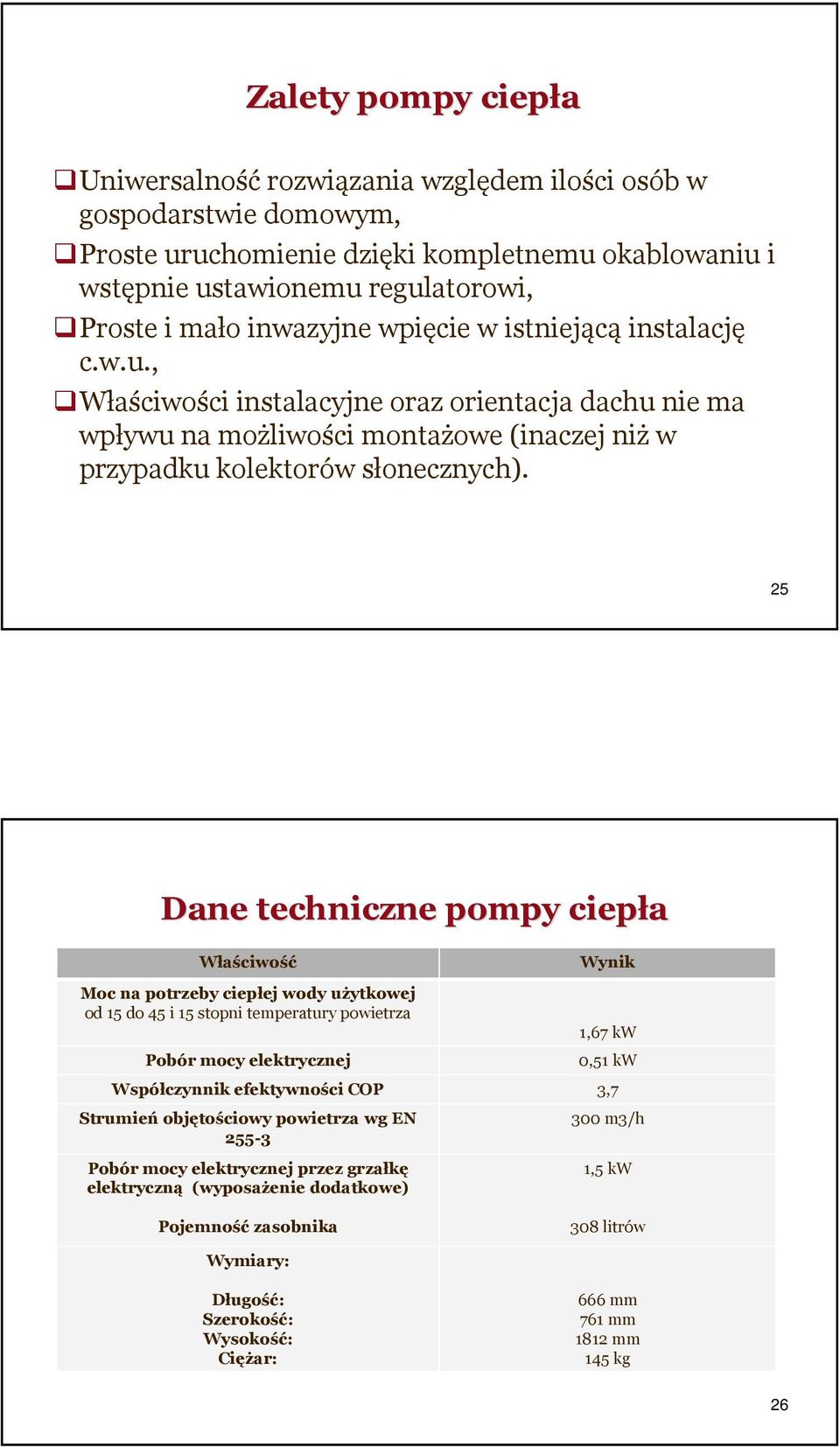 25 Dane techniczne pompy ciepła Właściwość Wynik Moc na potrzeby ciepłej wody użytkowej od 15 do 45 i 15 stopni temperatury powietrza Pobór mocy elektrycznej 1,67 kw 0,51 kw Współczynnik efektywności