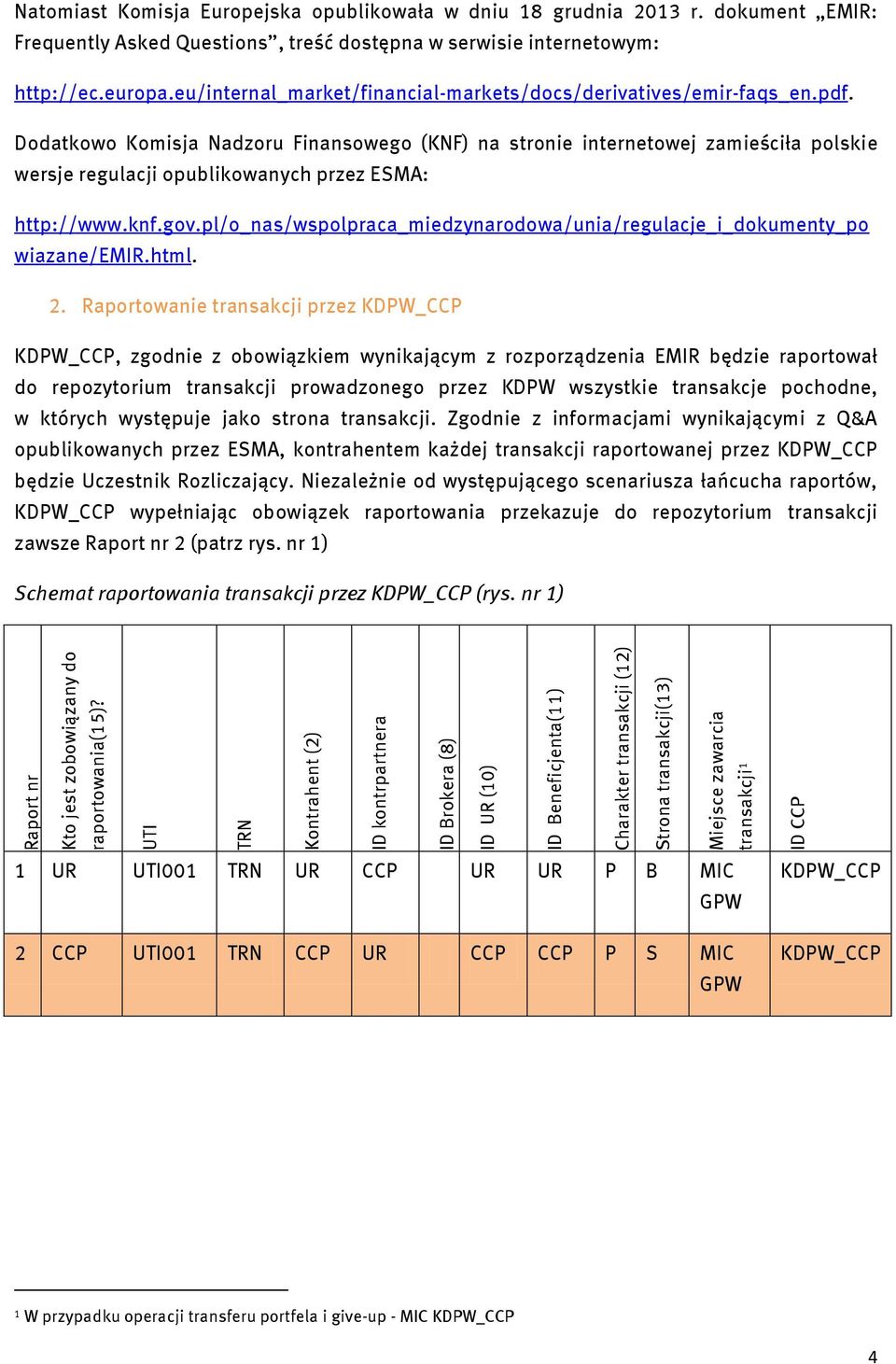 w dniu 18 grudnia 2013 r. dokument EMIR: Frequently Asked Questions, treść dostępna w serwisie internetowym: http://ec.europa.eu/internal_market/financial-markets/docs/derivatives/emir-faqs_en.pdf.