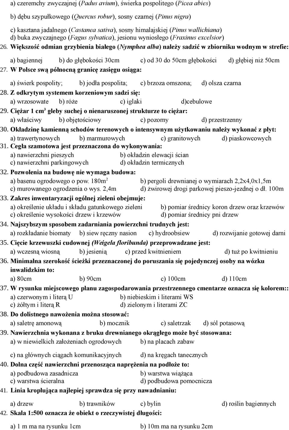 Większość odmian grzybienia białego (Nymphea alba) należy sadzić w zbiorniku wodnym w strefie: a) bagiennej b) do głębokości 30cm c) od 30 do 50cm głębokości d) głębiej niż 50cm 27.