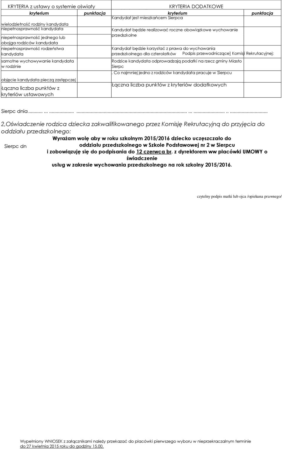 Punktacja Komisji Rekrutacyjnej: KRYTERIA z ustawy o systemie oświaty KRYTERIA DODATKOWE kryterium punktacja kryterium Załącznik nr 2 do Zarządzenia Nr 2S. punktacja WOK.