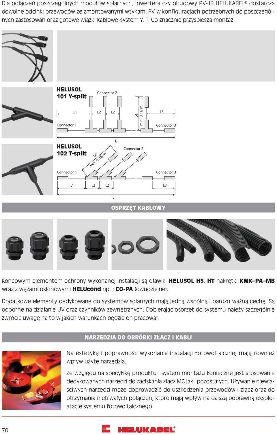 HELUSOL 101 Y-split HELUSOL 102 T-split OSPRZĘT KABLOWY Końcowym elementem ochrony wykonanej instalacji są dławiki HELUSOL HS, HT nakrętki KMK PA MB wraz z wężami osłonowymi HELUcond np.