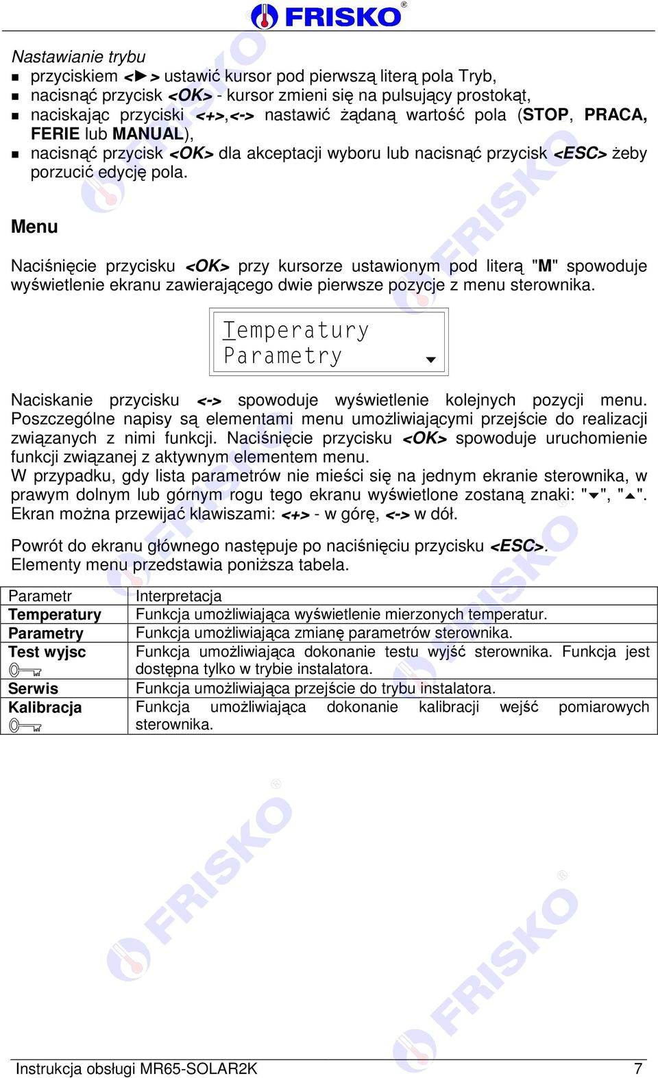 Menu Naciśnięcie przycisku <OK> przy kursorze ustawionym pod literą "M" spowoduje wyświetlenie ekranu zawierającego dwie pierwsze pozycje z menu sterownika.