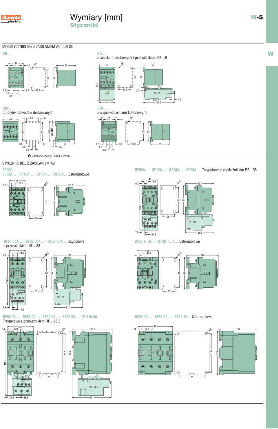 .. Czteropolowe. 5.9 0.7 BF09A... - BF1A... - BF1A... - BF5A... Trzypolowe z przekaźnikiem RF 3 5.9. 0.7 BF 00A... - BF3 00A... - BF3 00A... Trzypolowe z przekaźnikiem RF 3 7.9 5 1. 90 BF T...A... - BF3 T.