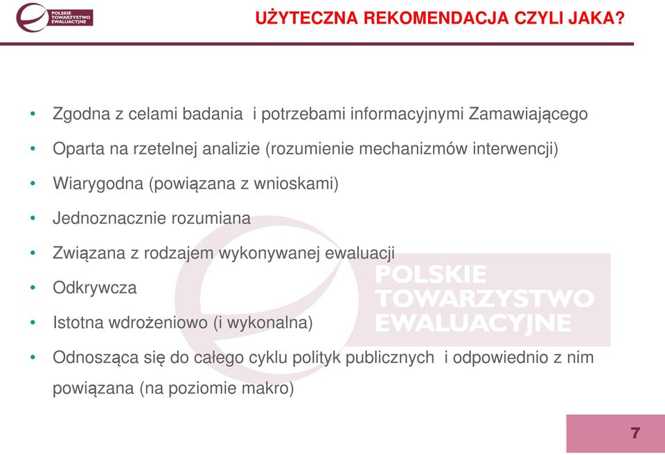 (rozumienie mechanizmów interwencji) Wiarygodna (powiązana z wnioskami) Jednoznacznie rozumiana