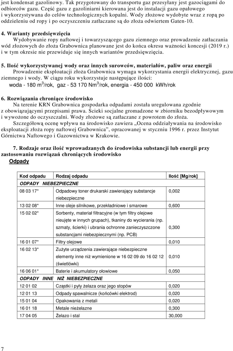 Wody złoŝowe wydobyte wraz z ropą po oddzieleniu od ropy i po oczyszczeniu zatłaczane są do złoŝa odwiertem Gaten-10. 4.