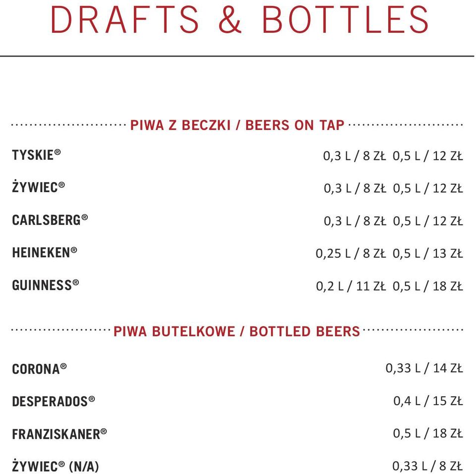 0,3 L / 8 ZŁ 0,5 L / 12 ZŁ 0,25 L / 8 ZŁ 0,5 L / 13 ZŁ 0,2 L / 11 ZŁ 0,5 L / 18 ZŁ PIWA