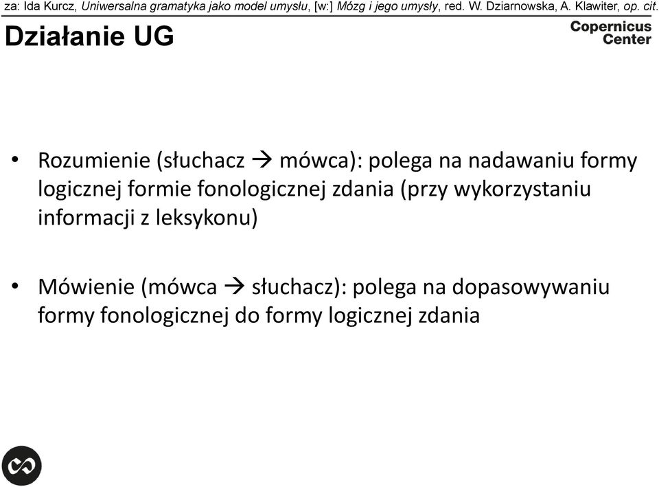 Działanie UG Rozumienie (słuchacz mówca): polega na nadawaniu formy logicznej formie