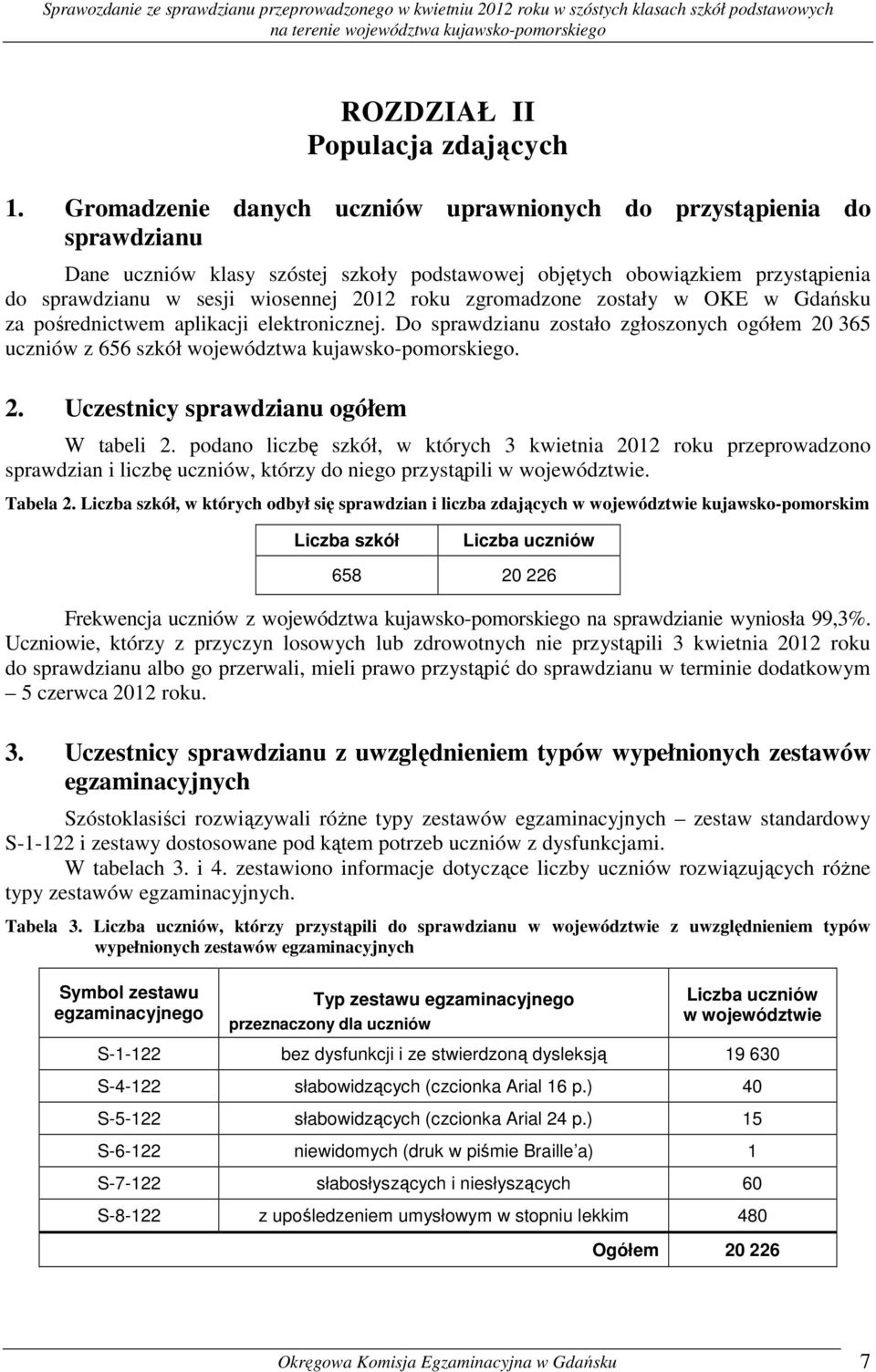 zgromadzone zostały w OKE w Gdańsku za pośrednictwem aplikacji elektronicznej. Do sprawdzianu zostało zgłoszonych ogółem 20 365 uczniów z 656 szkół województwa kujawsko-pomorskiego. 2. Uczestnicy sprawdzianu ogółem W tabeli 2.