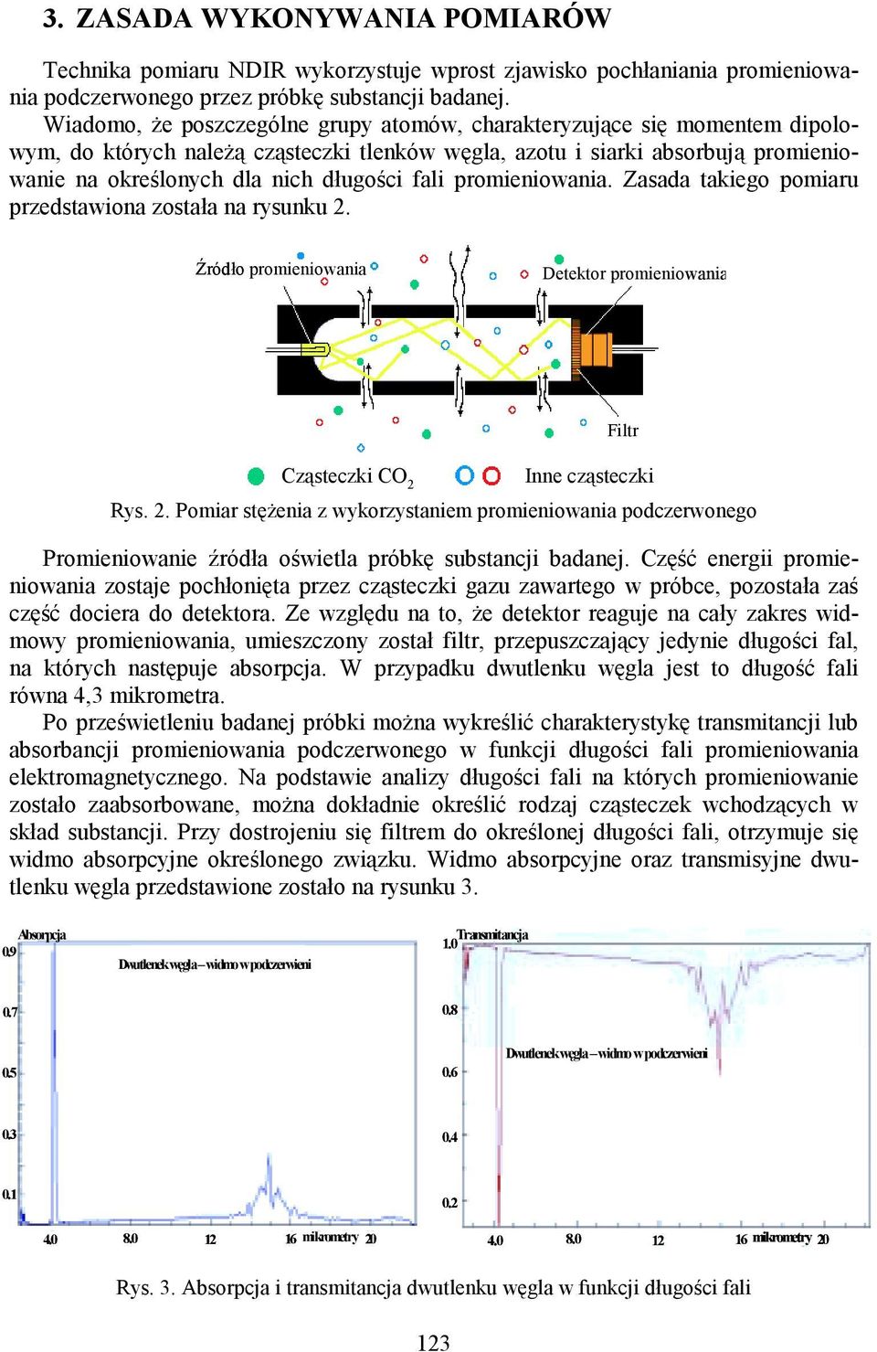 fali promieniowania. Zasada takiego pomiaru przedstawiona została na rysunku 2. Źródło promieniowania Detektor promieniowania Filtr Cząsteczki CO 2 Inne cząsteczki Rys. 2. Pomiar stężenia z wykorzystaniem promieniowania podczerwonego Promieniowanie źródła oświetla próbkę substancji badanej.