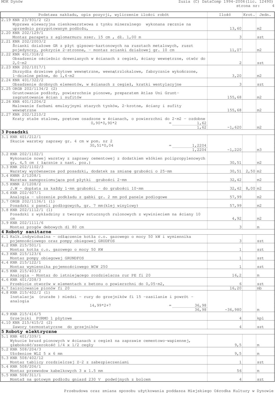 22 KNR 401/318/2 Obsadzenie ościeżnic drewnianych w ścianach z cegieł, ściany wewnętrzne, otwór do 2,0 m2 2 szt 2.