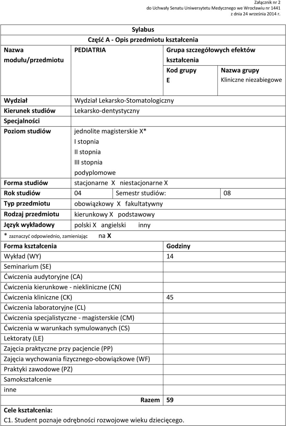 Lekarsko-Stomatologiczny Lekarsko-dentystyczny Specjalności Poziom studiów jednolite magisterskie X* I stopnia II stopnia III stopnia podyplomowe Forma studiów stacjonarne X niestacjonarne X Rok