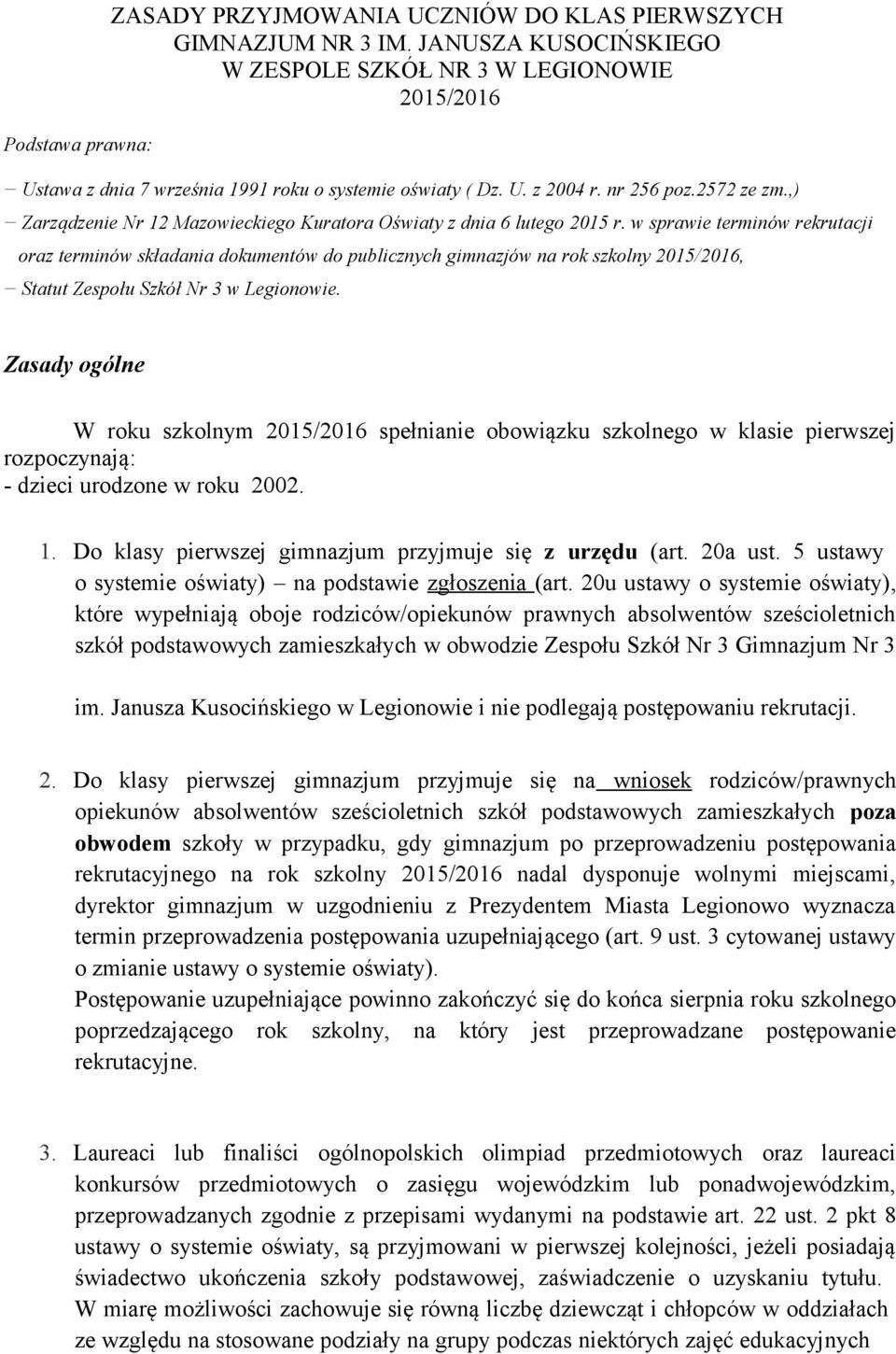 ,) Zarządzenie Nr 12 Mazowieckiego Kuratora Oświaty z dnia 6 lutego 2015 r.