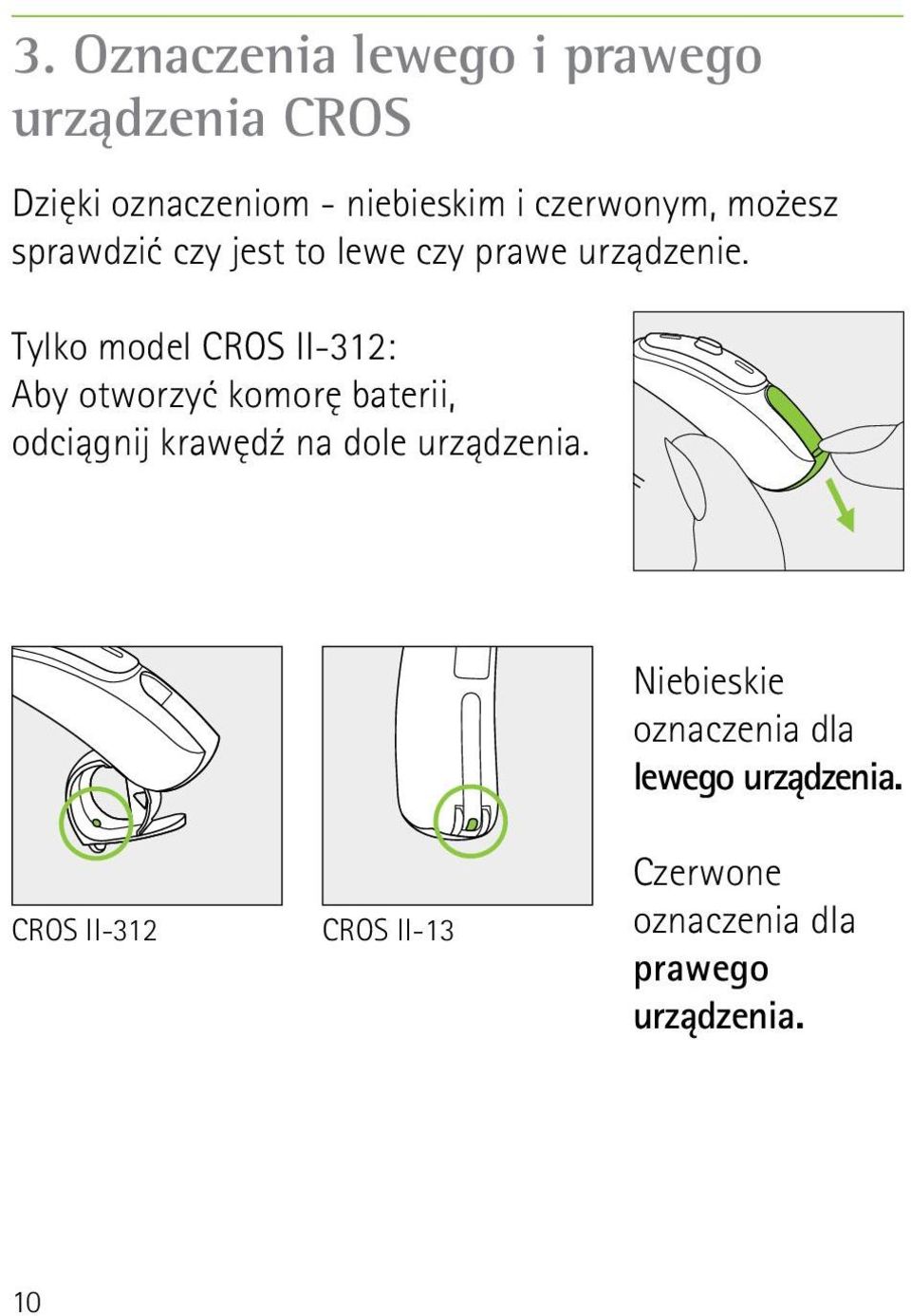 Tylko model CROS II-312: Aby otworzyć komorę baterii, odciągnij krawędź na dole