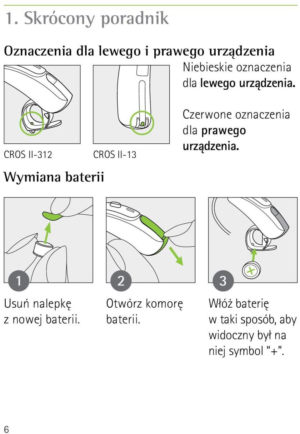 CROS II-312 Wymiana baterii CROS II-13 Czerwone oznaczenia dla prawego