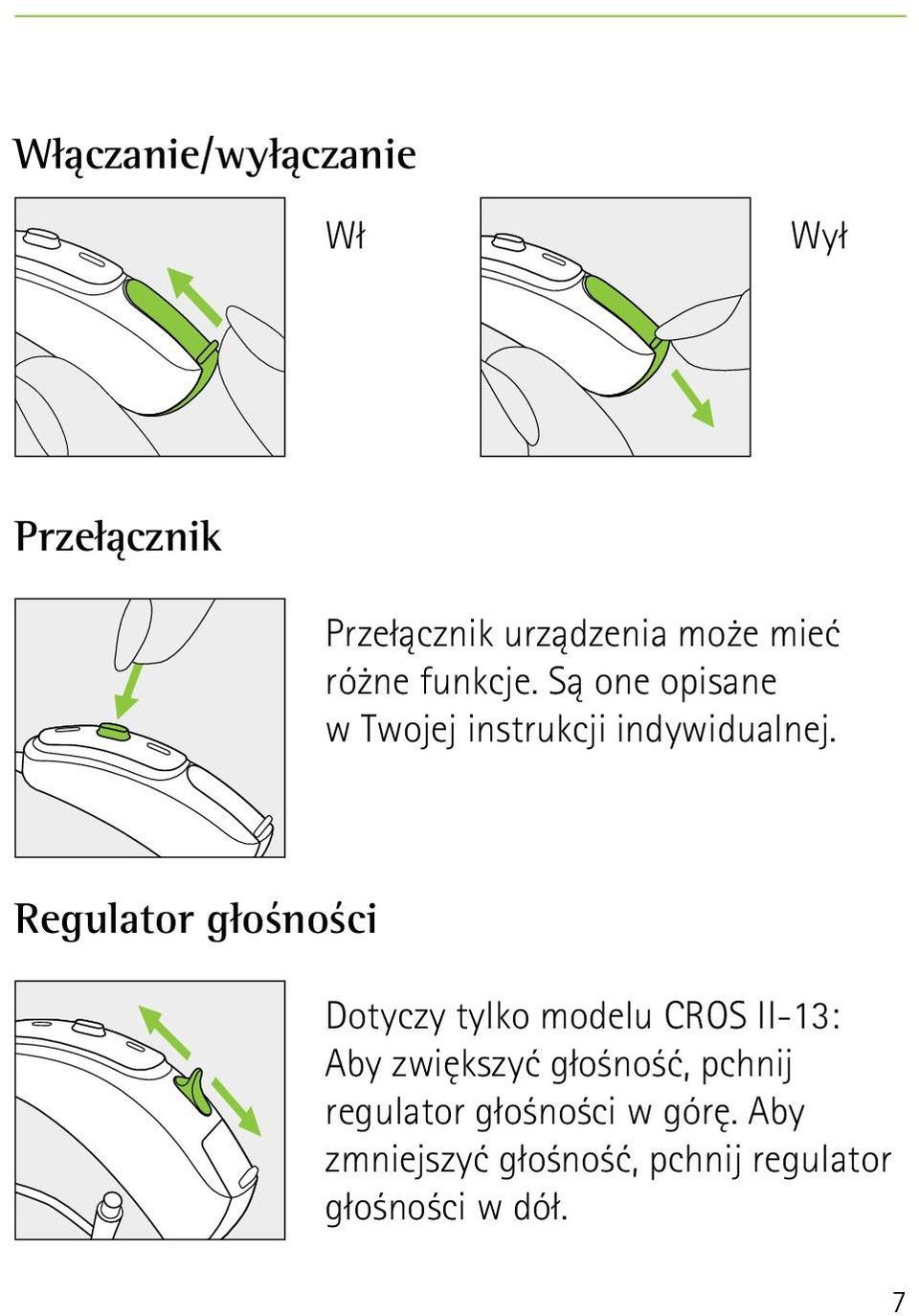 Regulator głośności Dotyczy tylko modelu CROS II-13: Aby zwiększyć głośność,