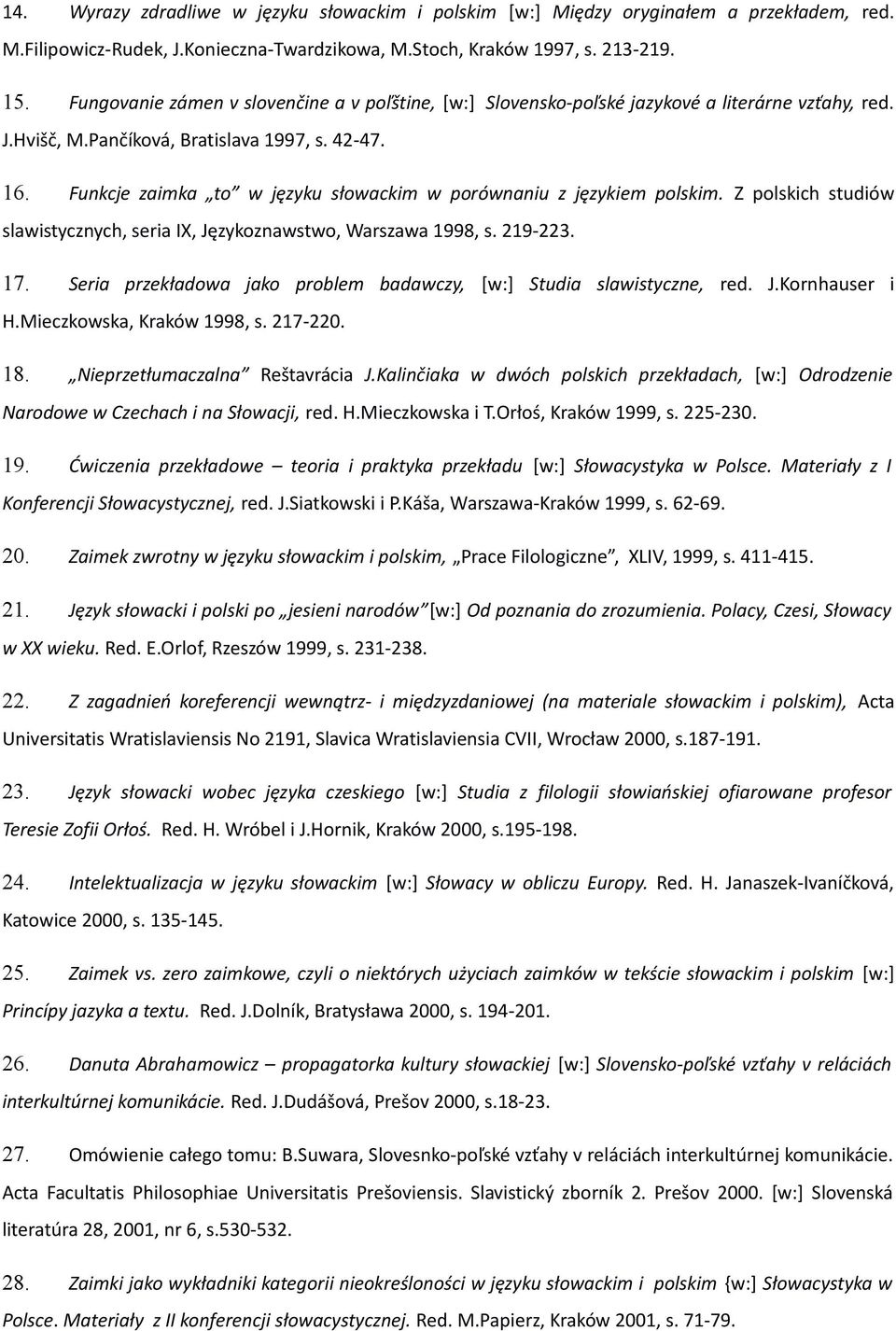 Funkcje zaimka to w języku słowackim w porównaniu z językiem polskim. Z polskich studiów slawistycznych, seria IX, Językoznawstwo, Warszawa 1998, s. 219-223. 17.