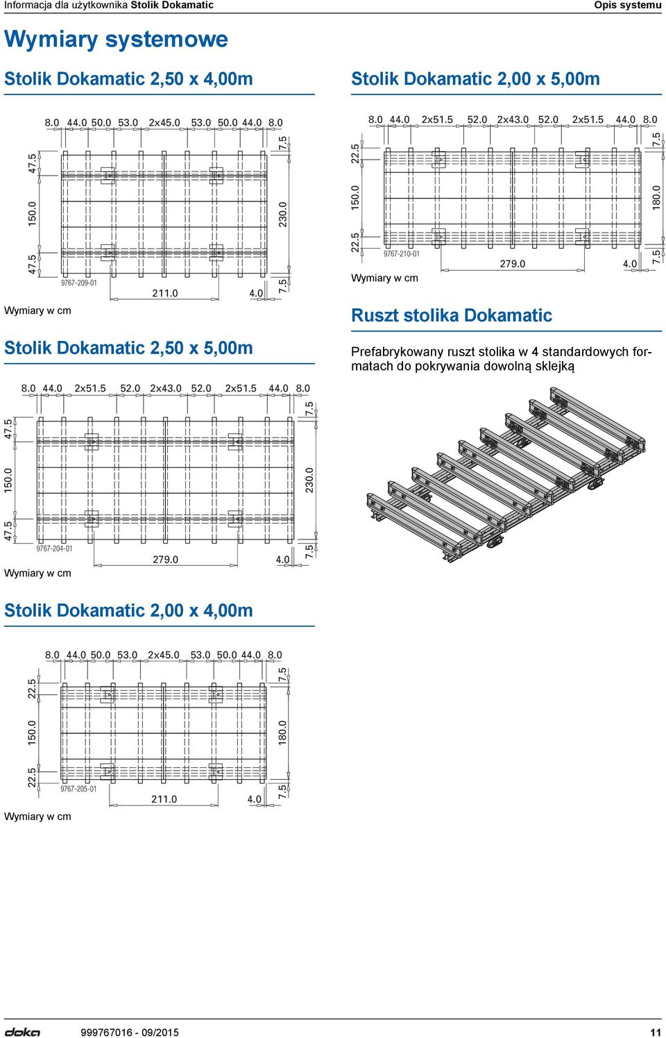 5 150.0 9767-210-01 Wymiary w cm Ruszt stolika Dokamatic 279.0 4.0 Prefabrykowany ruszt stolika w 4 standardowych formatach do pokrywania dowolną sklejką 7.5 180.0 7.5 47.5 47.5 150.0 9767-204-01 Wymiary w cm 279.