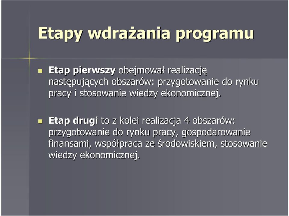 Etap drugi to z kolei realizacja 4 obszarów: przygotowanie do rynku pracy,