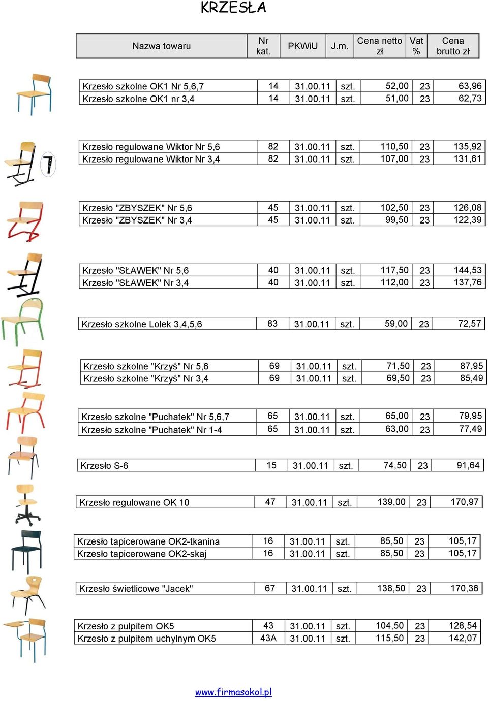 00.11 szt. 112,00 23 137,76 Krzesło szkolne Lolek 3,4,5,6 83 31.00.11 szt. 59,00 23 72,57 Krzesło szkolne "Krzyś" 5,6 69 31.00.11 szt. 71,50 23 87,95 Krzesło szkolne "Krzyś" 3,4 69 31.00.11 szt. 69,50 23 85,49 Krzesło szkolne "Puchatek" 5,6,7 65 31.