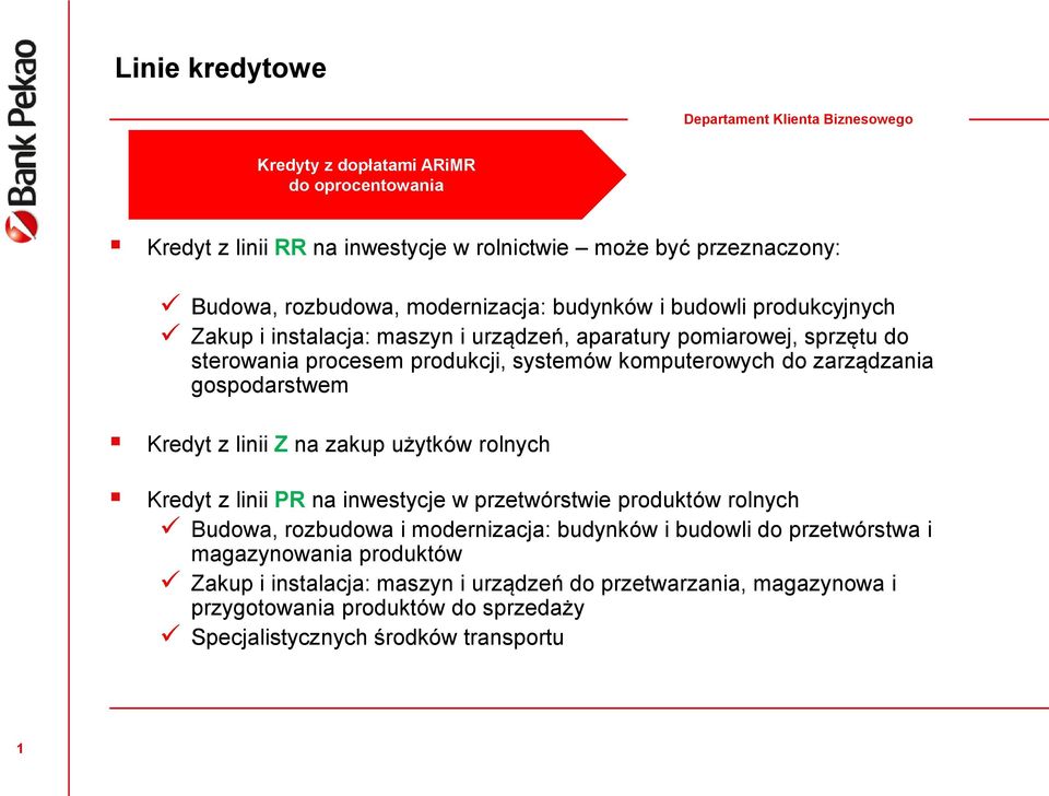 gospodarstwem Kredyt z linii Z na zakup użytków rolnych Kredyt z linii PR na inwestycje w przetwórstwie produktów rolnych Budowa, rozbudowa i modernizacja: budynków i