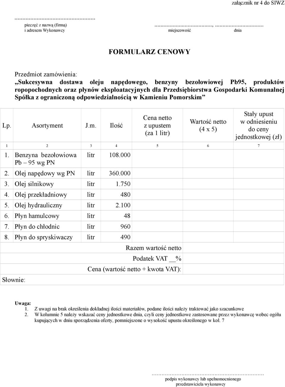 dla Przedsiębiorstwa Gospodarki Komunalnej Spółka z ograniczoną odpowiedzialnością w Kamieniu Pomorskim Lp. Asortyment J.m. Ilość Cena netto z upustem (za 1 litr) Wartość netto (4 x 5) Stały upust w odniesieniu do ceny jednostkowej (zł) 1 2 3 4 5 6 7 1.