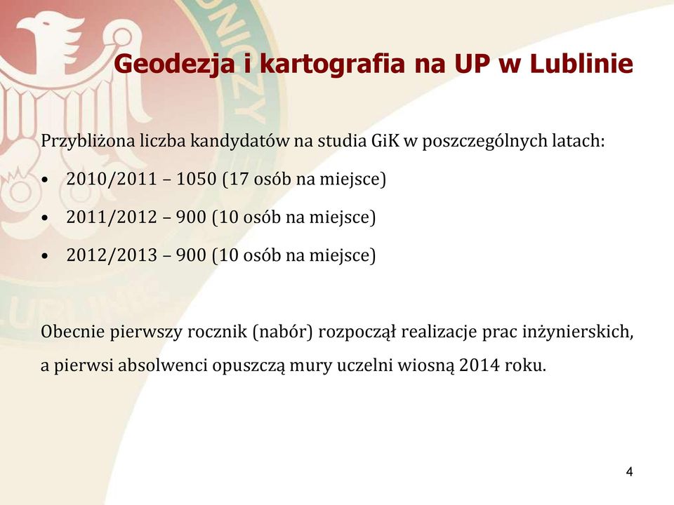 miejsce) 2012/2013 900 (10 osób na miejsce) Obecnie pierwszy rocznik (nabór) rozpoczął