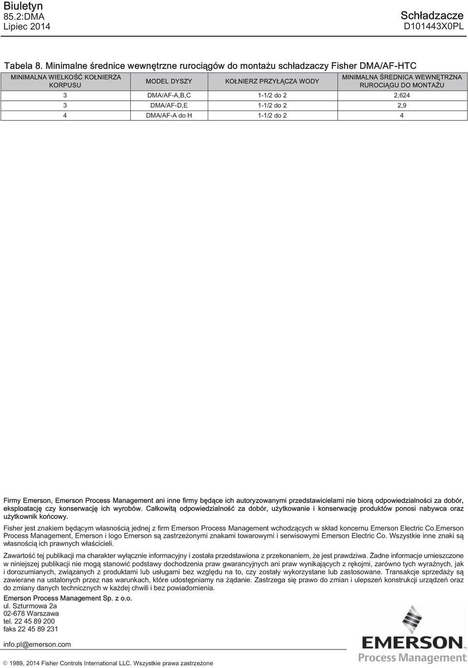 DMA/AF-A,B,C 1-1/2 do 2 2,624 DMA/AF-D,E 1-1/2 do 2 2,9 4 DMA/AF-A do H 1-1/2 do 2 4 Firmy Emerson, Emerson Process Management ani inne firmy będące ich autoryzowanymi przedstawicielami nie biorą