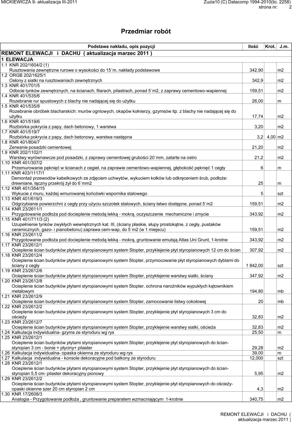 KNR 01/55/6 Rozebranie rur spustowych z blachy nie nadającej się do użytku 6,00 m 1.5 KNR 01/55/8 Rozebranie obróbek blacharskich: murów ogniowych, okapów kołnierzy, gzymsów itp.