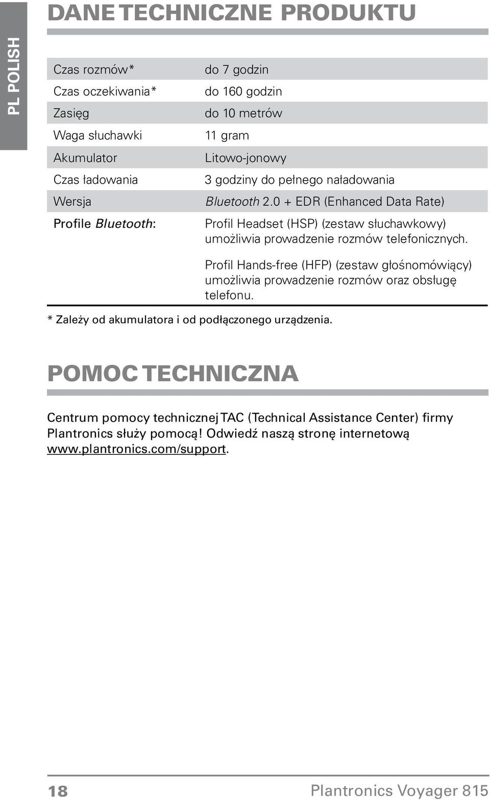 rozmów telefonicznych Profil Hands-free (HFP) (zestaw głośnomówiący) umożliwia prowadzenie rozmów oraz obsługę telefonu * Zależy od akumulatora i od podłączonego