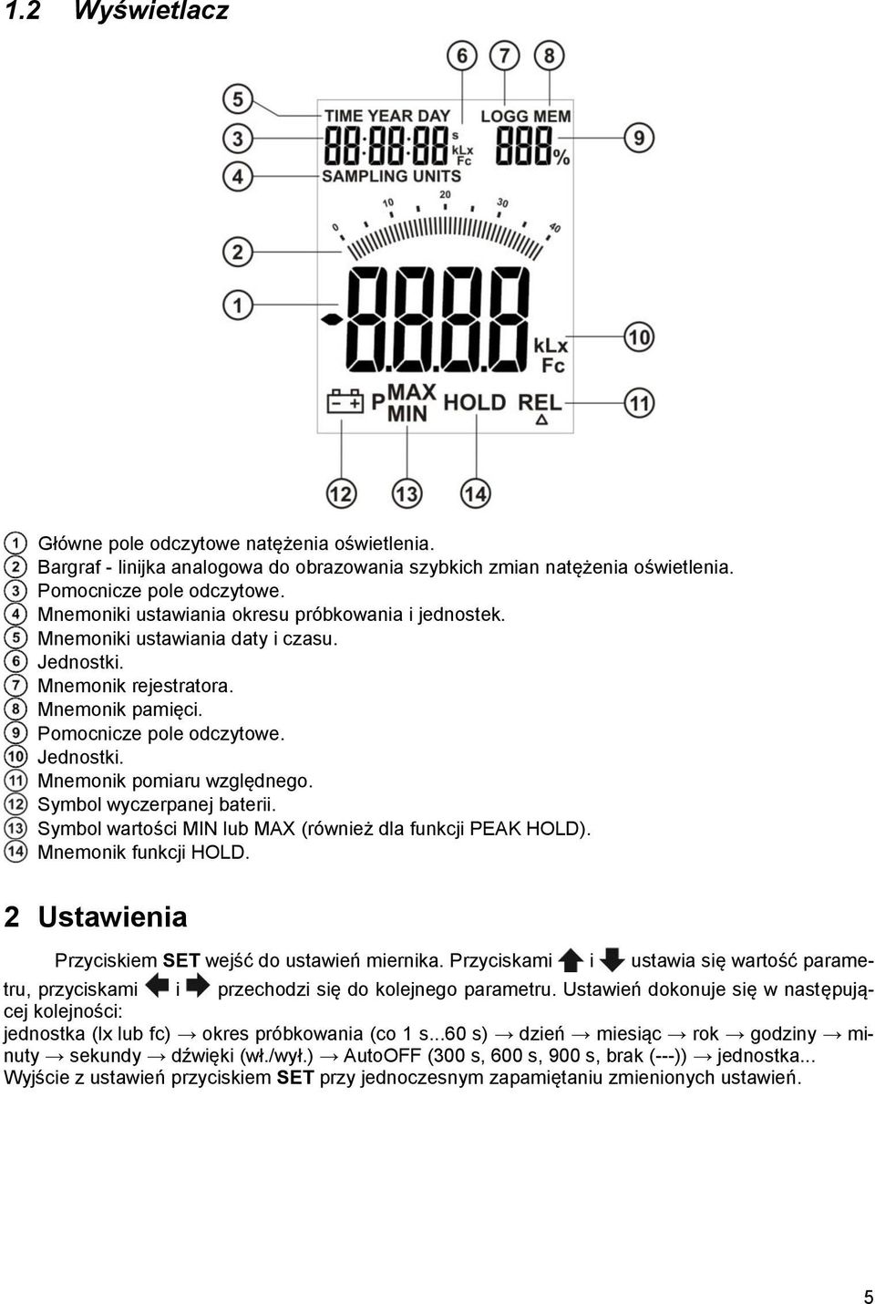 Symbol wyczerpanej baterii. Symbol wartości MIN lub MAX (również dla funkcji PEAK HOLD). Mnemonik funkcji HOLD. 2 Ustawienia Przyciskiem SET wejść do ustawień miernika.