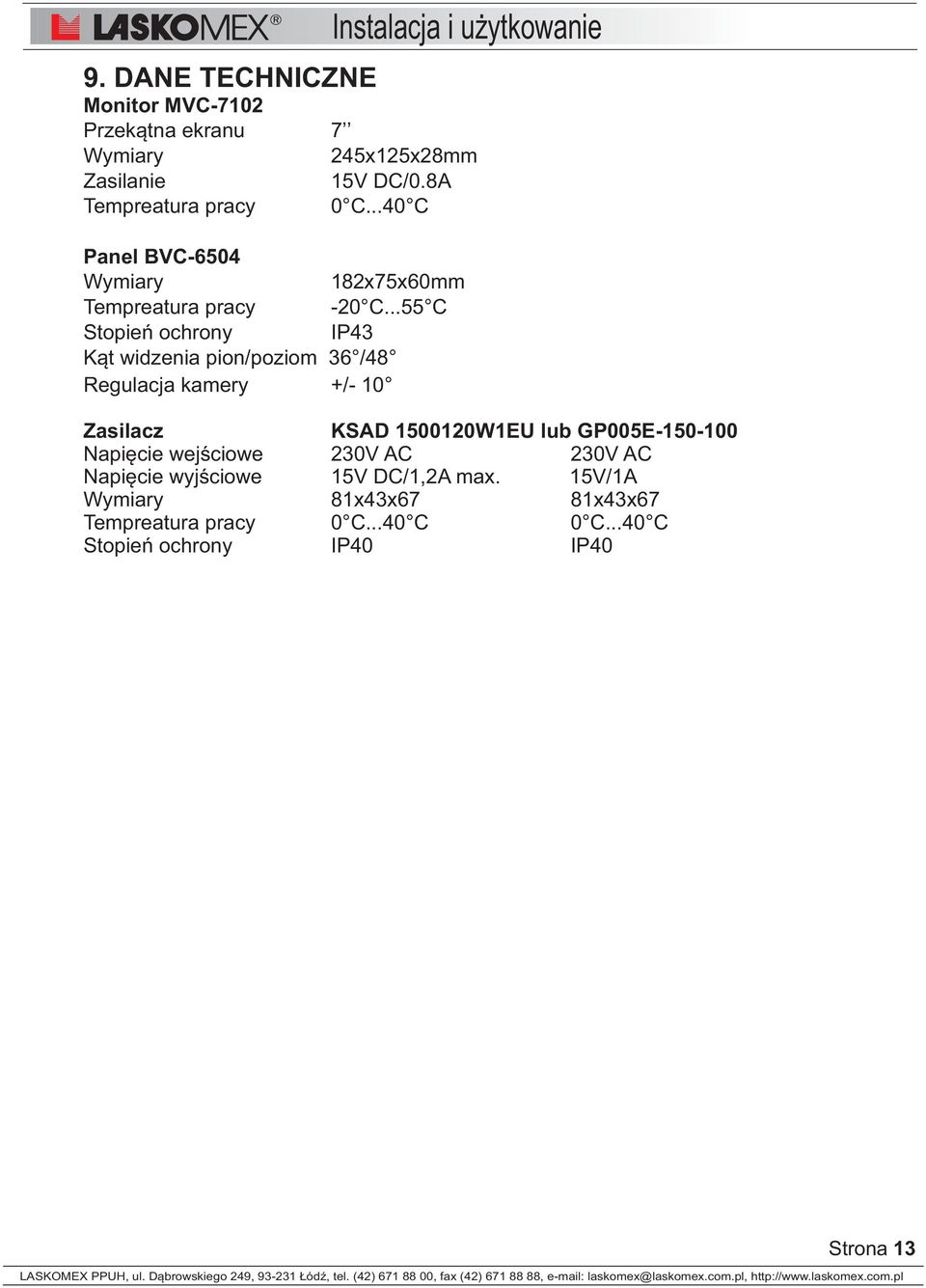 ..55 C Stopieñ ochrony IP43 K¹t widzenia pion/poziom 36 /48 Regulacja kamery +/- 10 Zasilacz KSAD 1500120W1EU lub GP005E-150-100