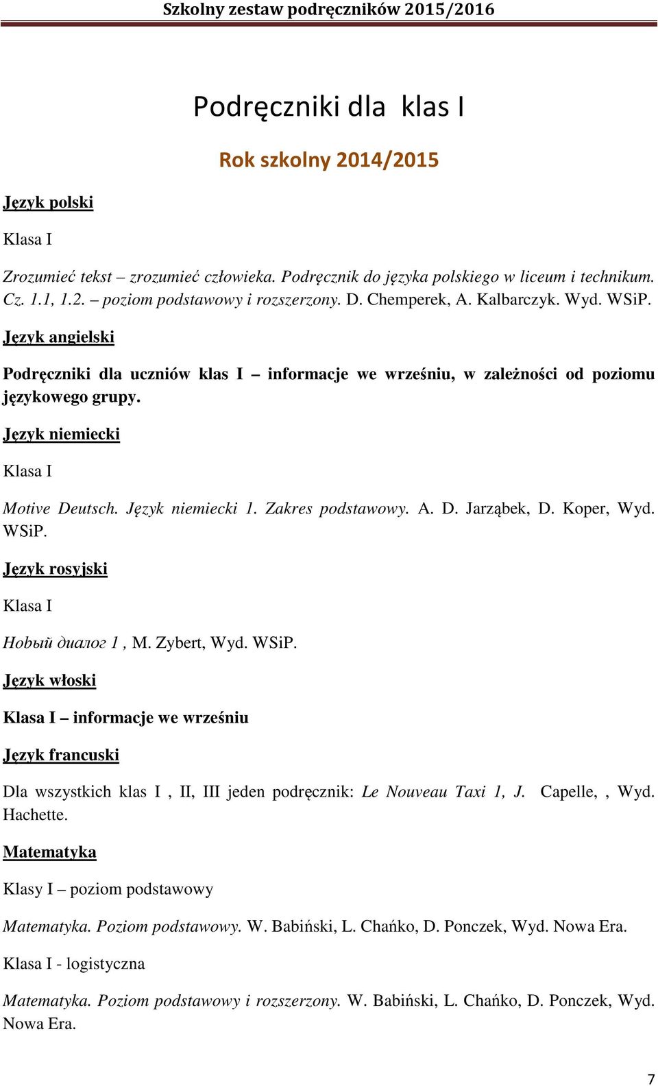 Język niemiecki 1. Zakres podstawowy. A. D. Jarząbek, D. Koper, Wyd. WSiP.