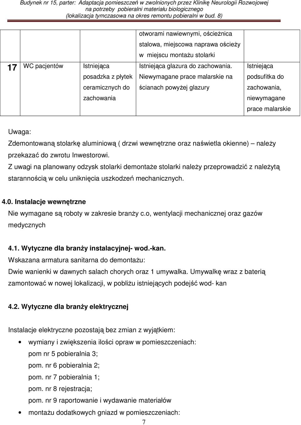 Z uwagi na planowany odzysk stolarki demontaŝe stolarki naleŝy przeprowadzić z naleŝytą starannością w celu uniknięcia uszkodzeń mechanicznych. 4.0.