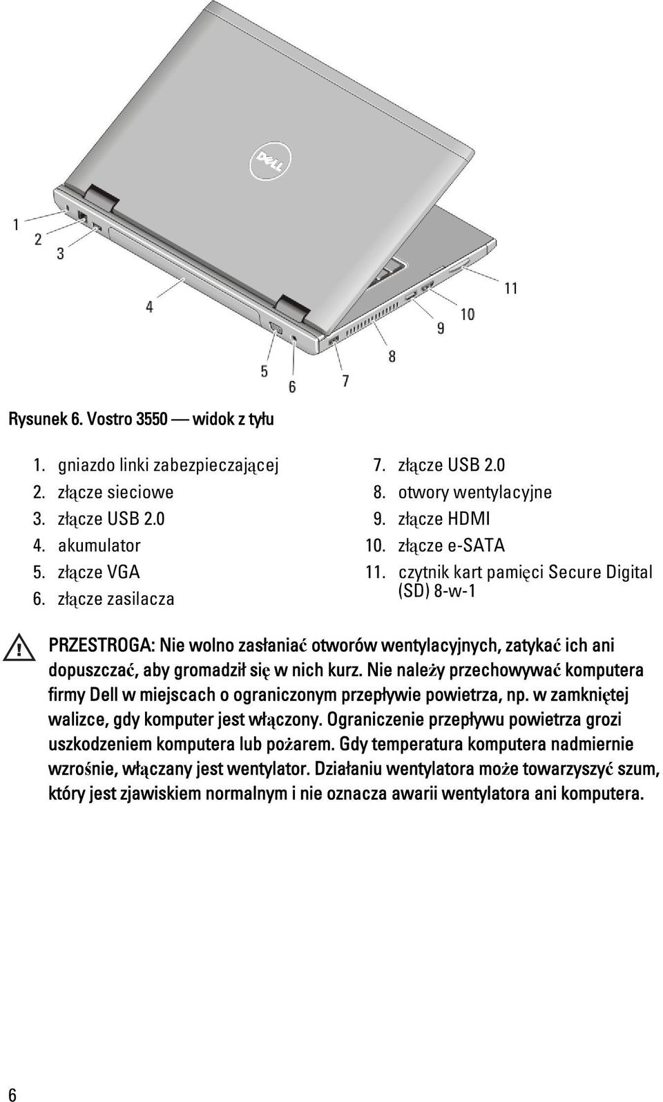 Nie należy przechowywać komputera firmy Dell w miejscach o ograniczonym przepływie powietrza, np. w zamkniętej walizce, gdy komputer jest włączony.