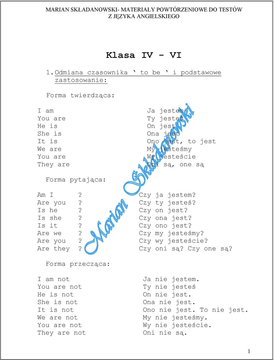 jest, to jest My jesteśmy Wy jesteście Oni są, one są Forma pytająca: Am I? Czy ja jestem? Are you? Czy ty jesteś? Is he? Czy on jest? Is she? Czy ona jest? Is it?