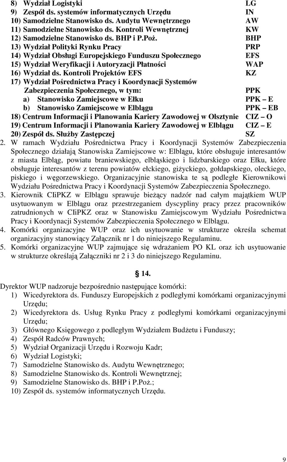 BHP 13) Wydział Polityki Rynku Pracy PRP 14) Wydział Obsługi Europejskiego Funduszu Społecznego EFS 15) Wydział Weryfikacji i Autoryzacji Płatności WAP 16) Wydział ds.