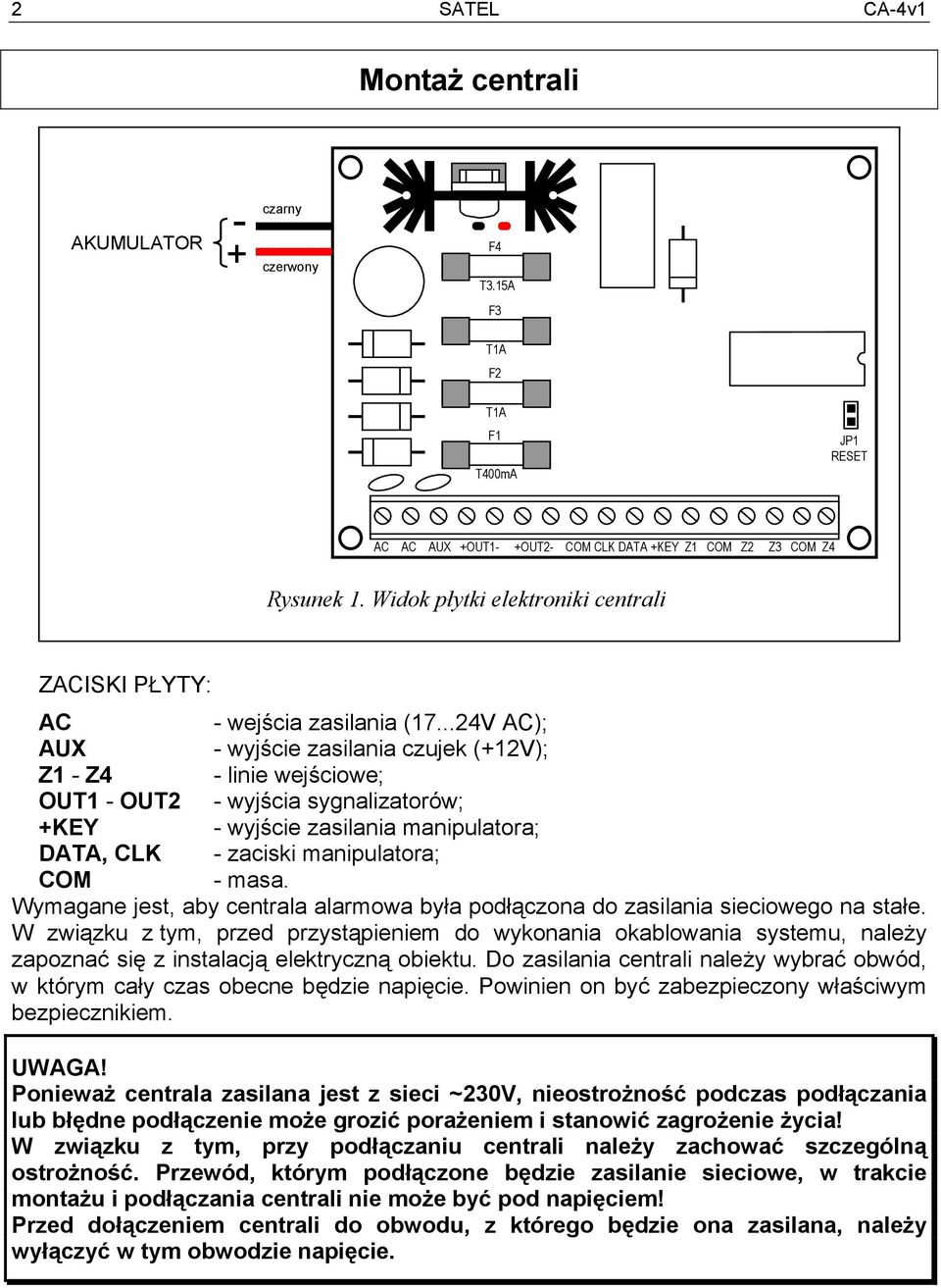 ..24V AC); AUX - wyjście zasilania czujek (+12V); Z1 - Z4 - linie wejściowe; OUT1 - OUT2 - wyjścia sygnalizatorów; +KEY - wyjście zasilania manipulatora; DATA, CLK - zaciski manipulatora; COM - masa.
