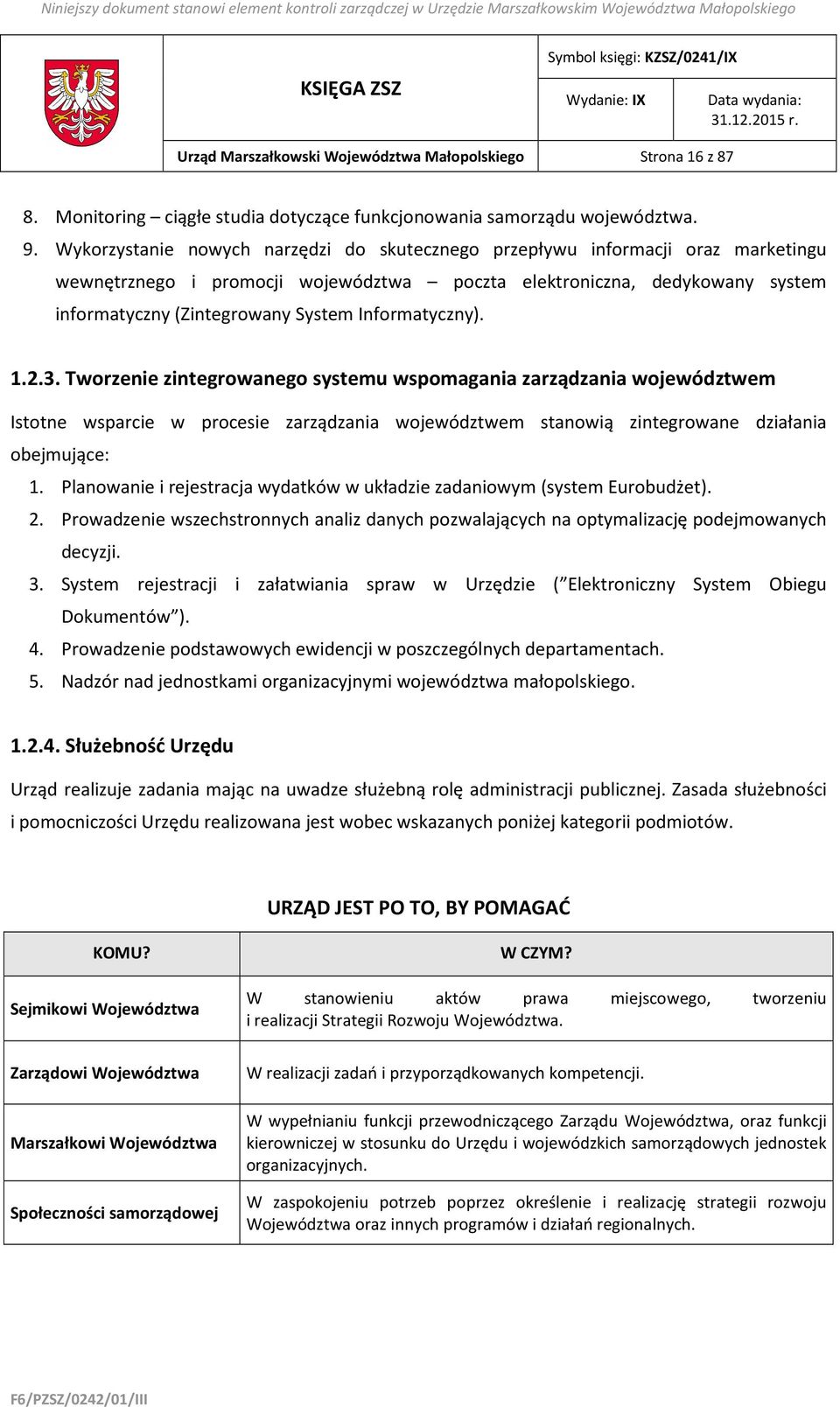 Informatyczny). 1.2.3. Tworzenie zintegrowanego systemu wspomagania zarządzania województwem Istotne wsparcie w procesie zarządzania województwem stanowią zintegrowane działania obejmujące: 1.