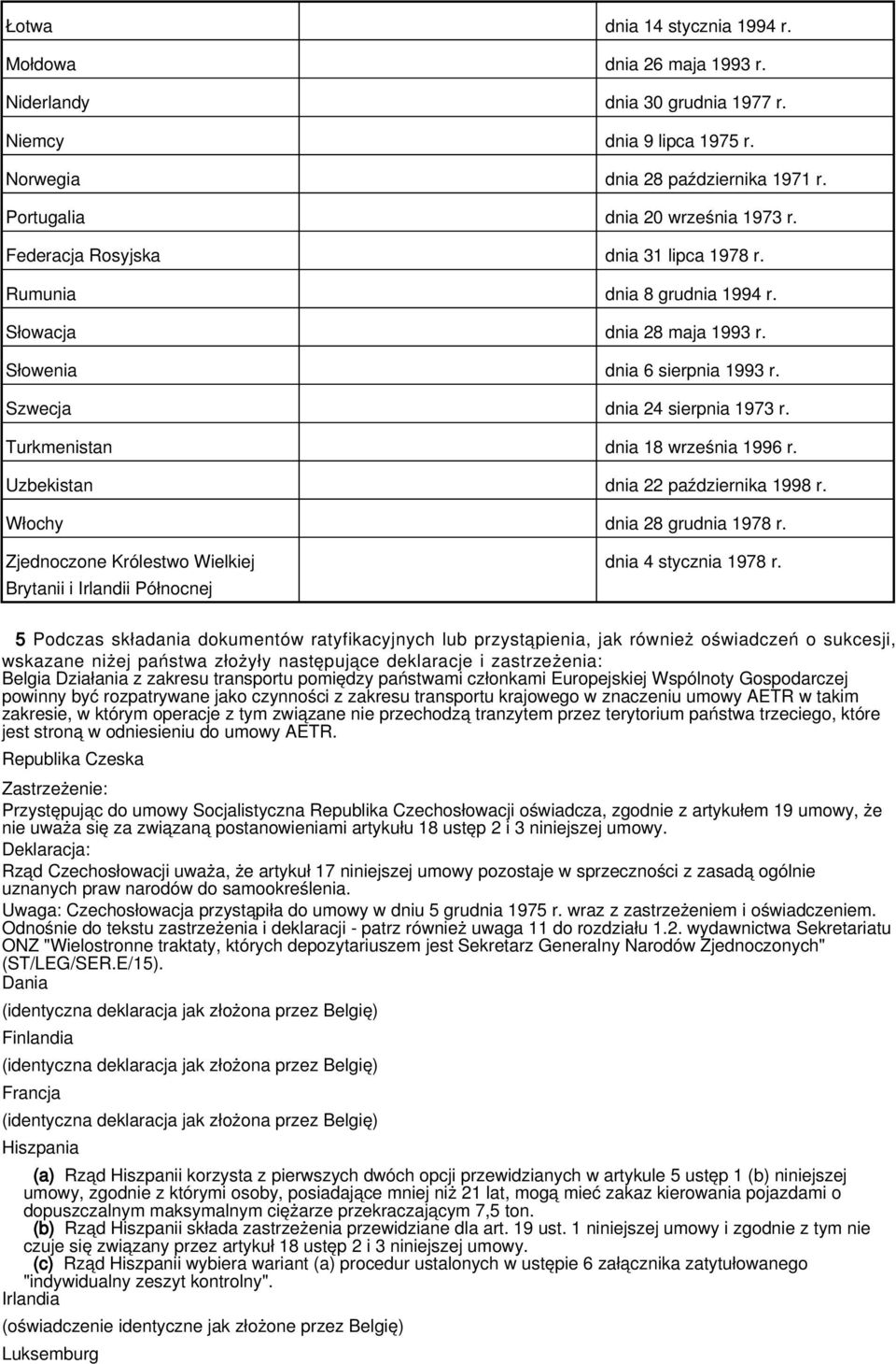 Turkmenistan dnia 18 września 1996 r. Uzbekistan dnia 22 października 1998 r. Włochy dnia 28 grudnia 1978 r. Zjednoczone Królestwo Wielkiej Brytanii i Irlandii Północnej dnia 4 stycznia 1978 r.