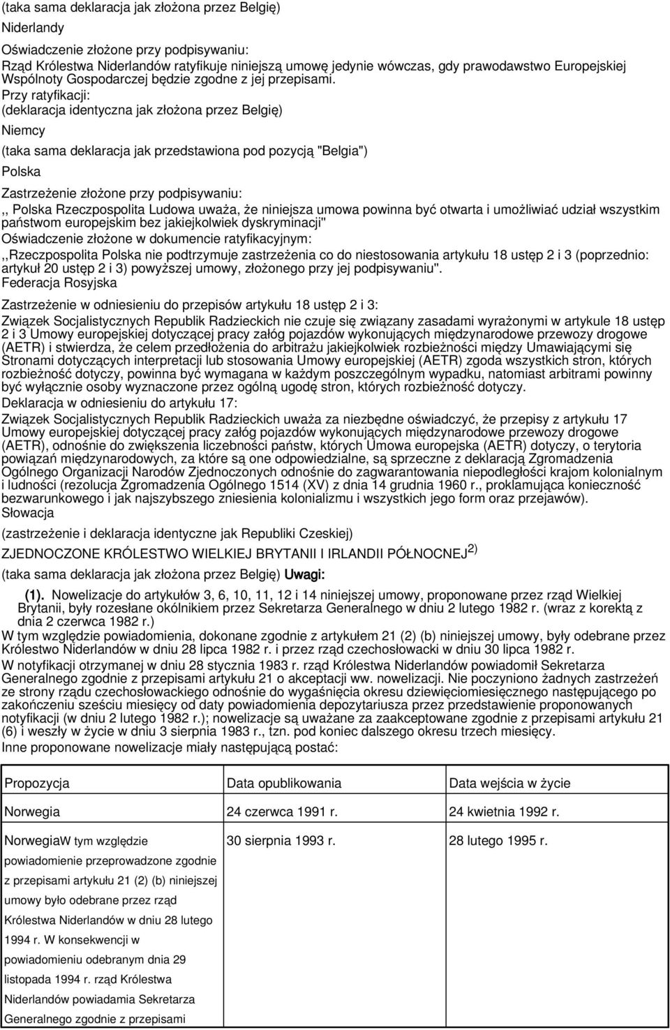 Przy ratyfikacji: (deklaracja identyczna jak złożona przez Belgię) Niemcy (taka sama deklaracja jak przedstawiona pod pozycją "Belgia") Polska Zastrzeżenie złożone przy podpisywaniu:,, Polska