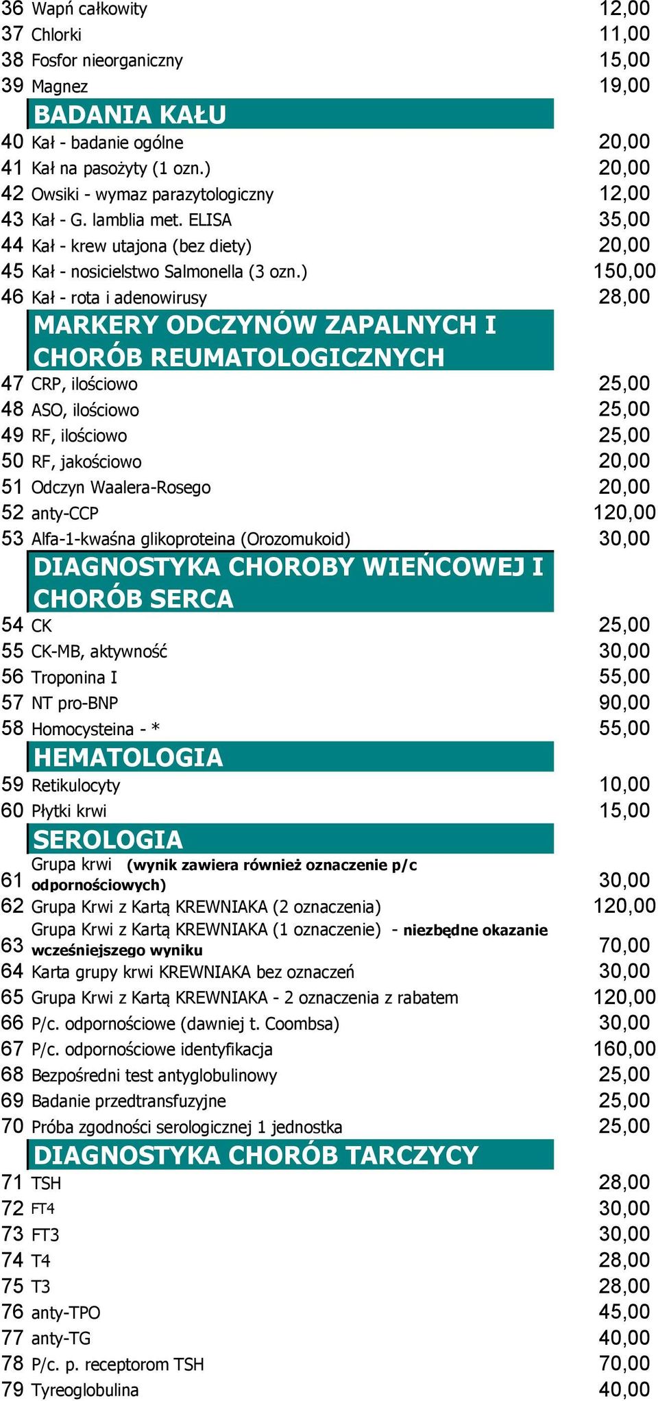 ) 150,00 46 Kał - rota i adenowirusy 28,00 MARKERY ODCZYNÓW ZAPALNYCH I CHORÓB REUMATOLOGICZNYCH 47 CRP, ilościowo 25,00 48 ASO, ilościowo 25,00 49 RF, ilościowo 25,00 50 RF, jakościowo 20,00 51