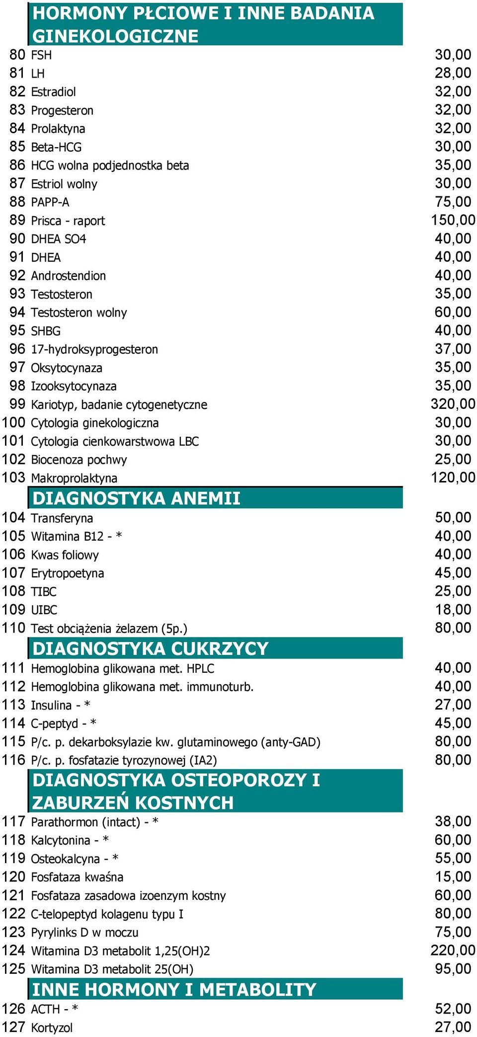 37,00 97 Oksytocynaza 35,00 98 Izooksytocynaza 35,00 99 Kariotyp, badanie cytogenetyczne 320,00 100 Cytologia ginekologiczna 30,00 101 Cytologia cienkowarstwowa LBC 30,00 102 Biocenoza pochwy 25,00