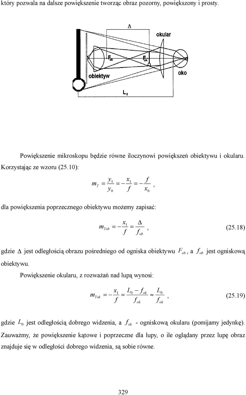 8) gdzie jet odległością obrazu pośrediego od ogika obiektywu obiektywu. Powiękzeie okularu, z rozważań ad lupą wyoi: F ob, a ob jet ogikową Tok x L ok, (5.