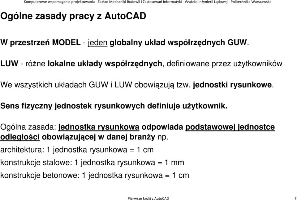 Sens fizyczny jednostek rysunkowych definiuje użytkownik.