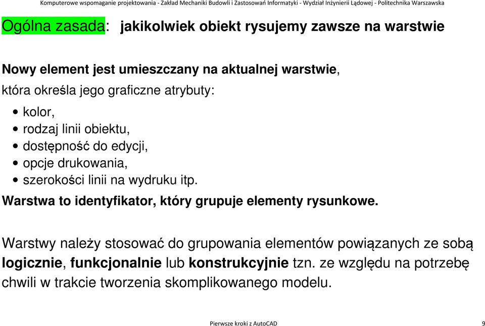 Warstwa to identyfikator, który grupuje elementy rysunkowe.